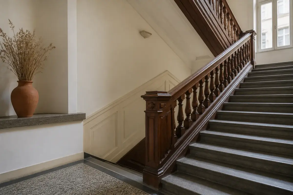 Krém színű lépcsőház tölgy korláttal a Hold utcai házban